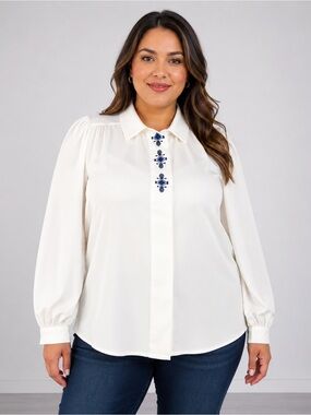 Koret Women's Ivory Embroidered Button-Up
Blouse Size Large Long Sleeve